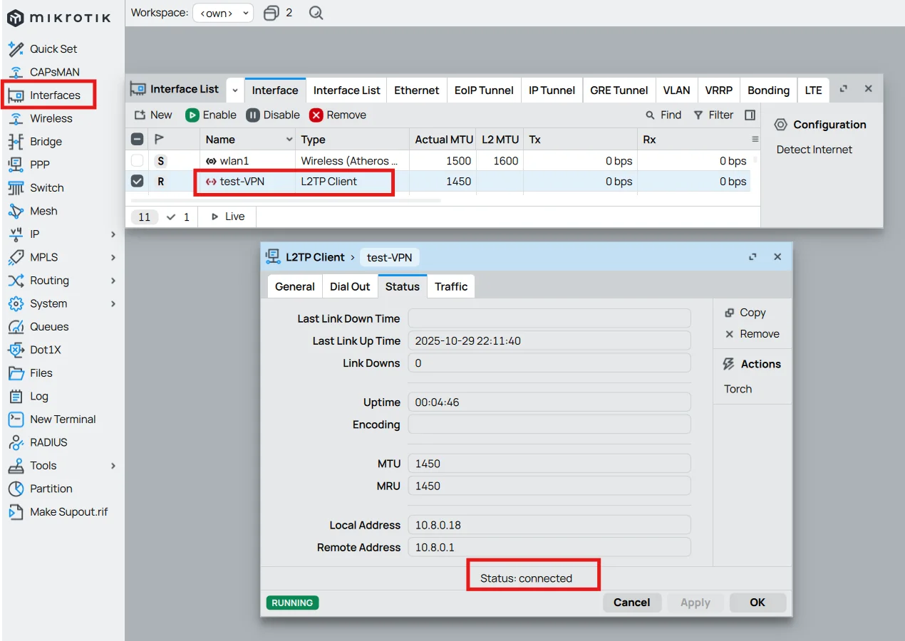 Interface PPP L2TP connectée dans MikroTik