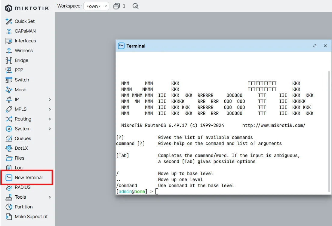 Bouton New Terminal dans Winbox