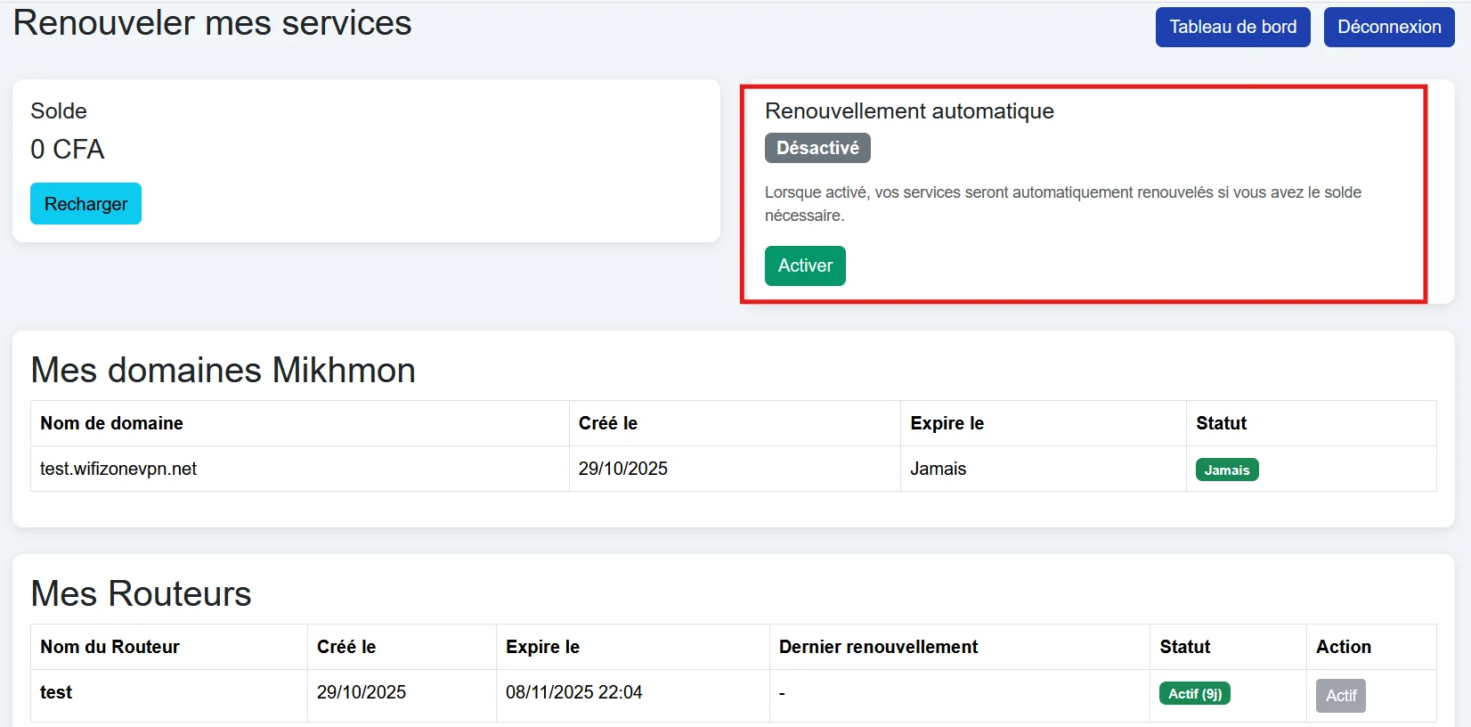 Toggle renouvellement automatique activé