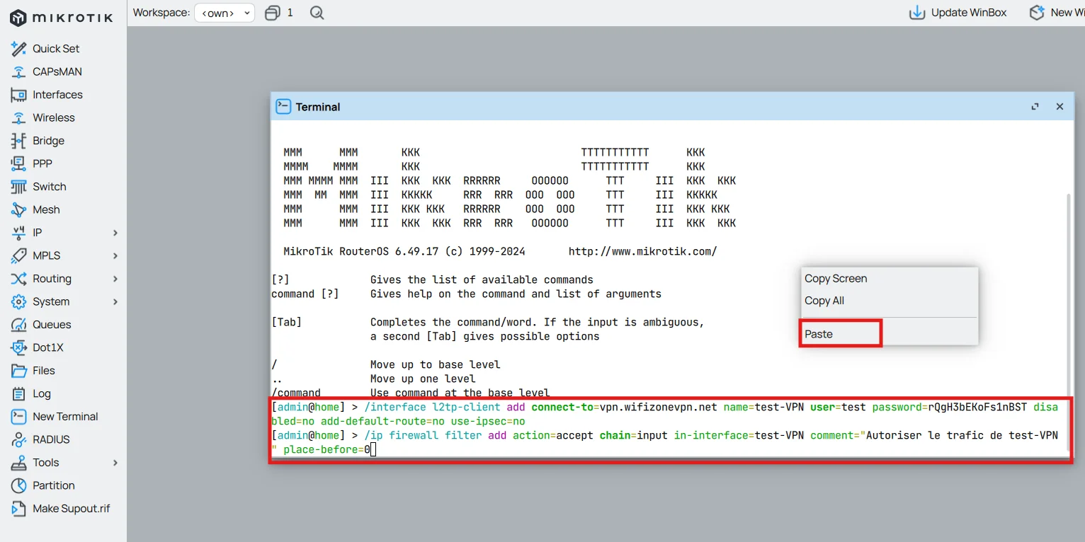 Script collé dans Terminal MikroTik