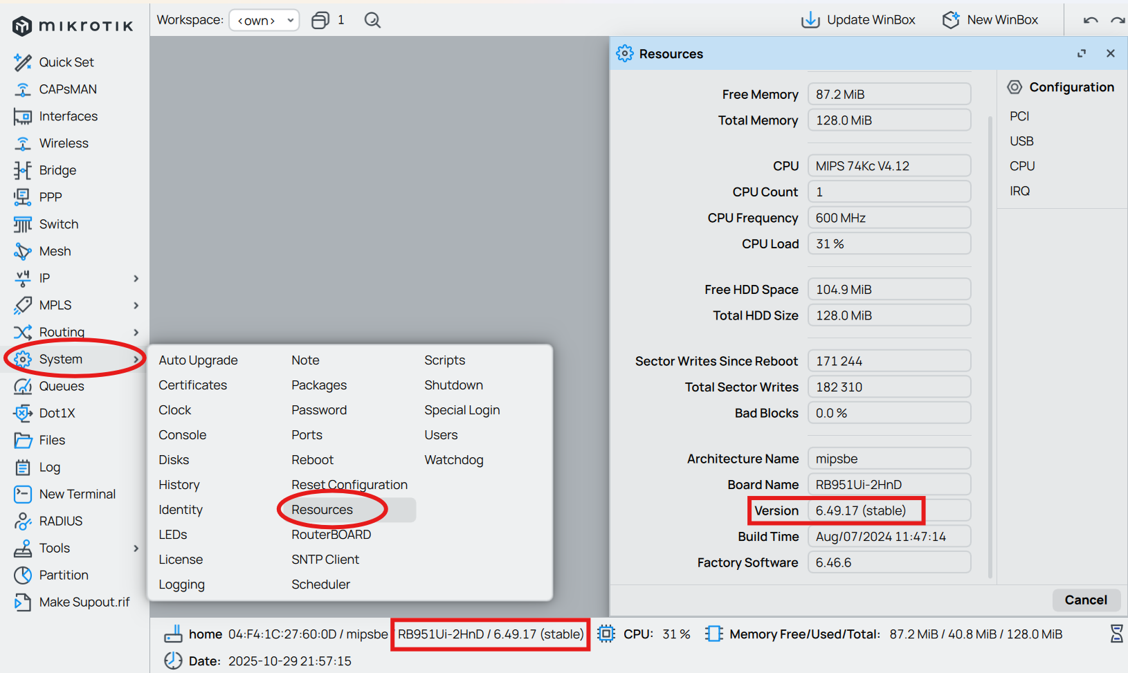Fenêtre de connexion Winbox