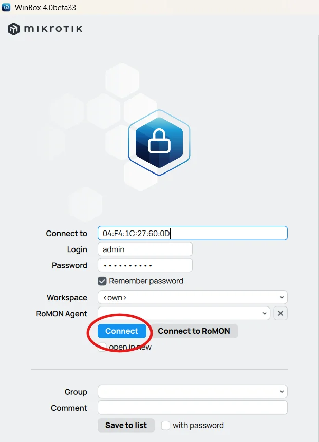Fenêtre connexion Winbox MikroTik